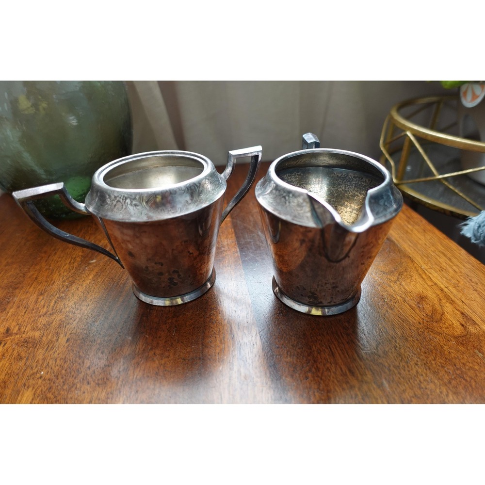 Vintage silver metal Rogers style 5016 creamer and sugar set